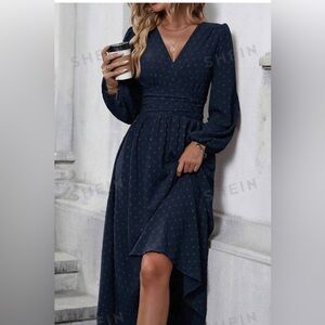 SHEIN Clasi Swiss Dot Surplice Neck Lantern Sleeve Dress